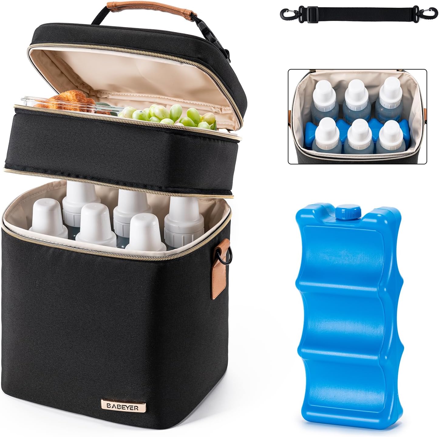 Babeyer breastmilk cooler bag black front view with bottles