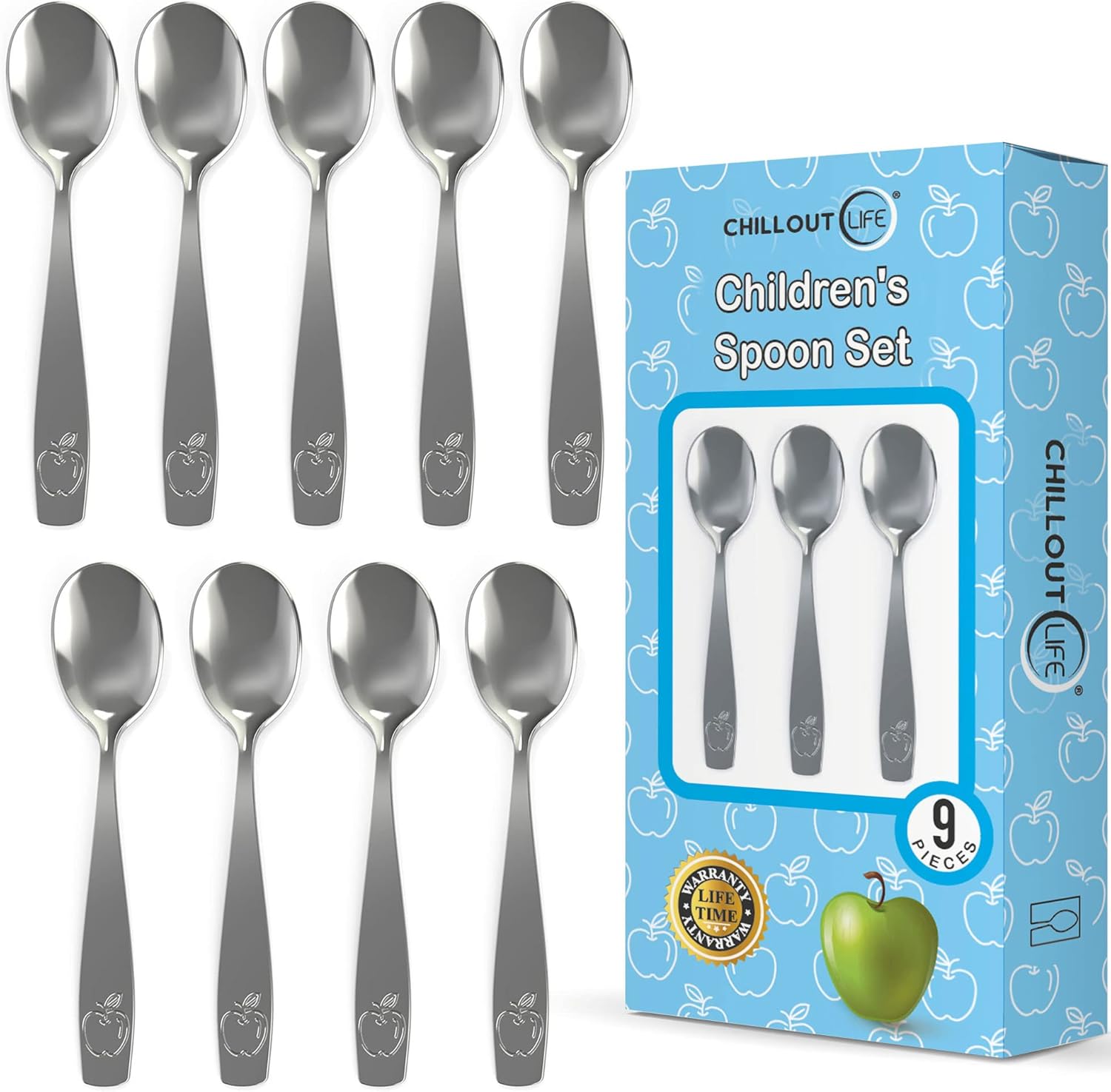 Chillout Life 9 piece stainless steel kids spoon set front view