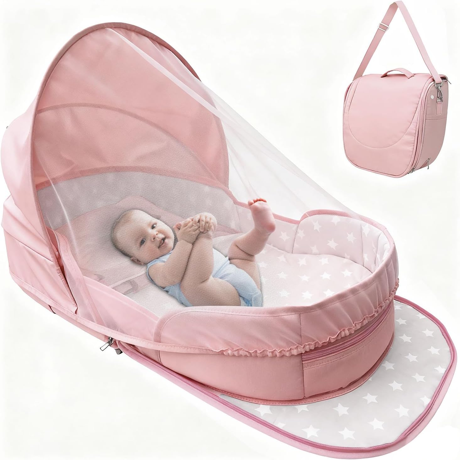 ISELECTOR portable bassinet for baby front view in premium grey color.