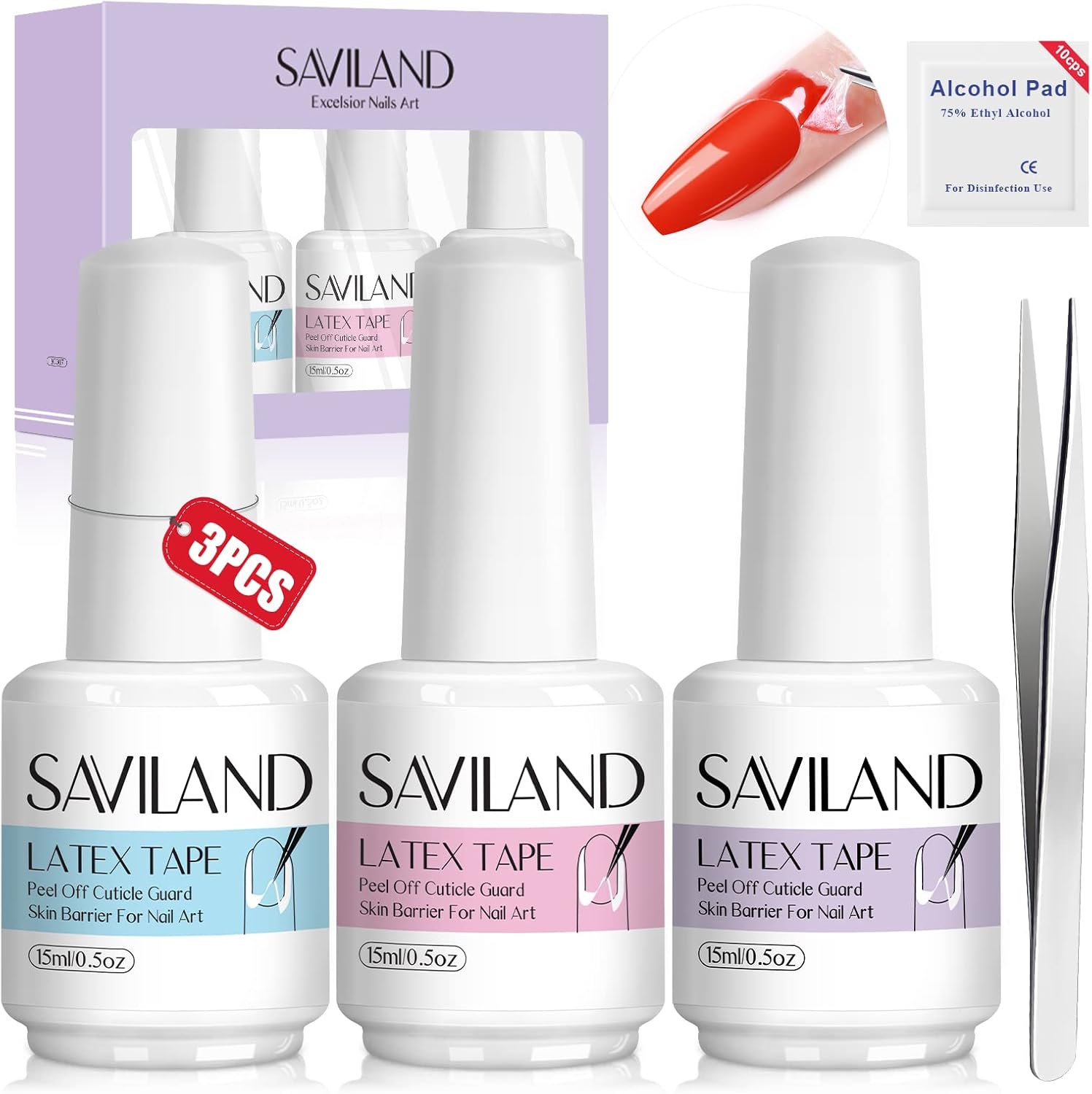 Saviland liquid latex for nails set front view showcasing three colorful bottles