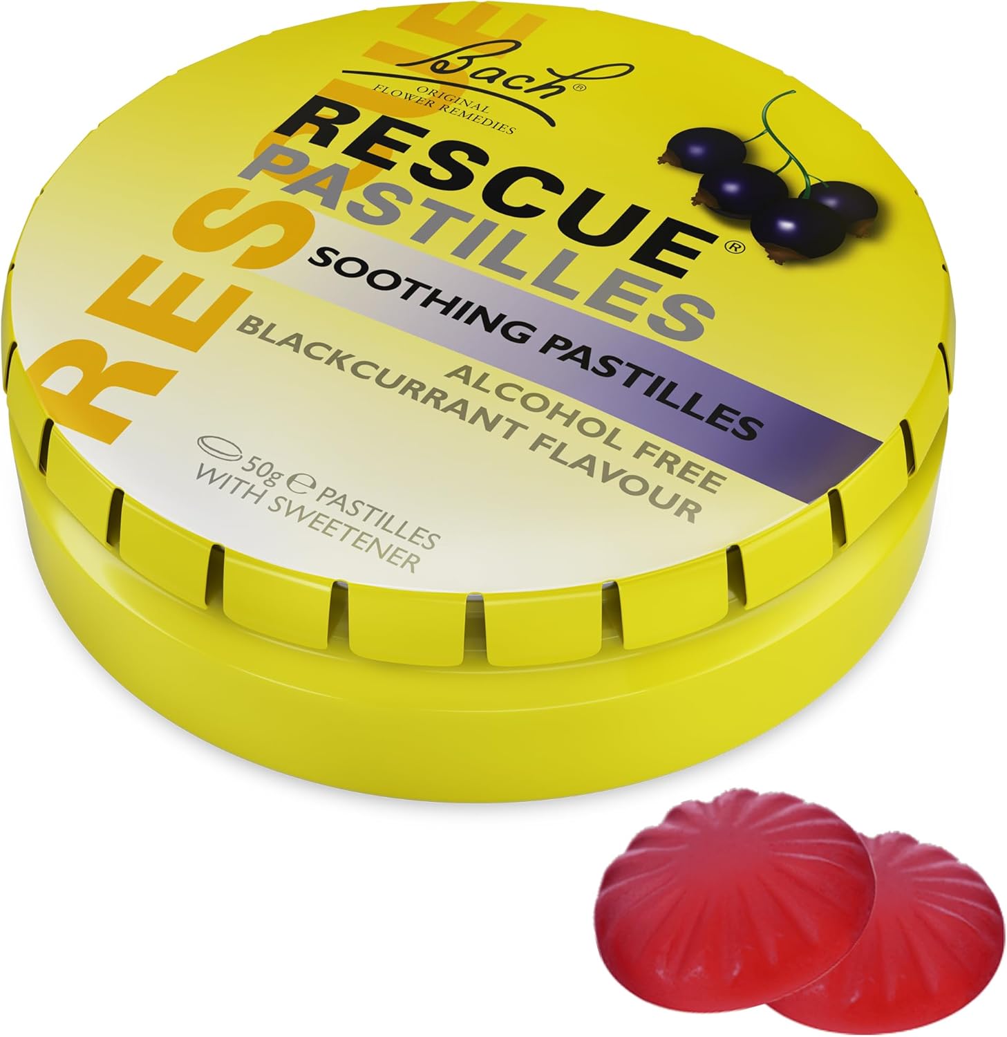 Bach Rescue Pastilles Black Currant tin front view for homeopathic stress relief.
