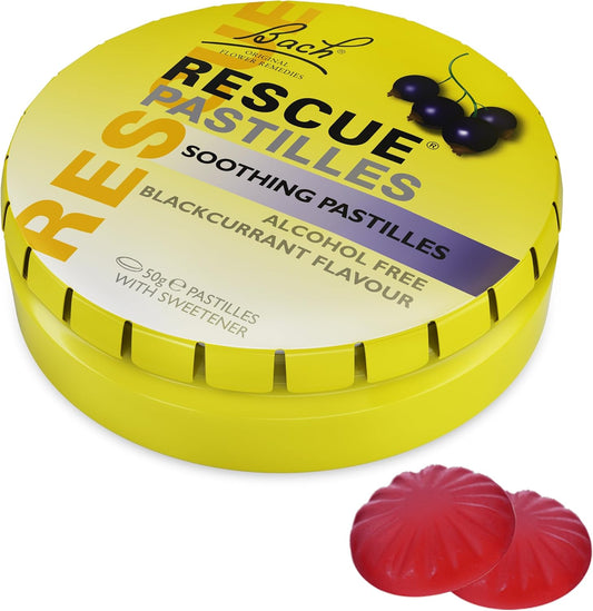 Bach Rescue Pastilles Black Currant tin front view for homeopathic stress relief.