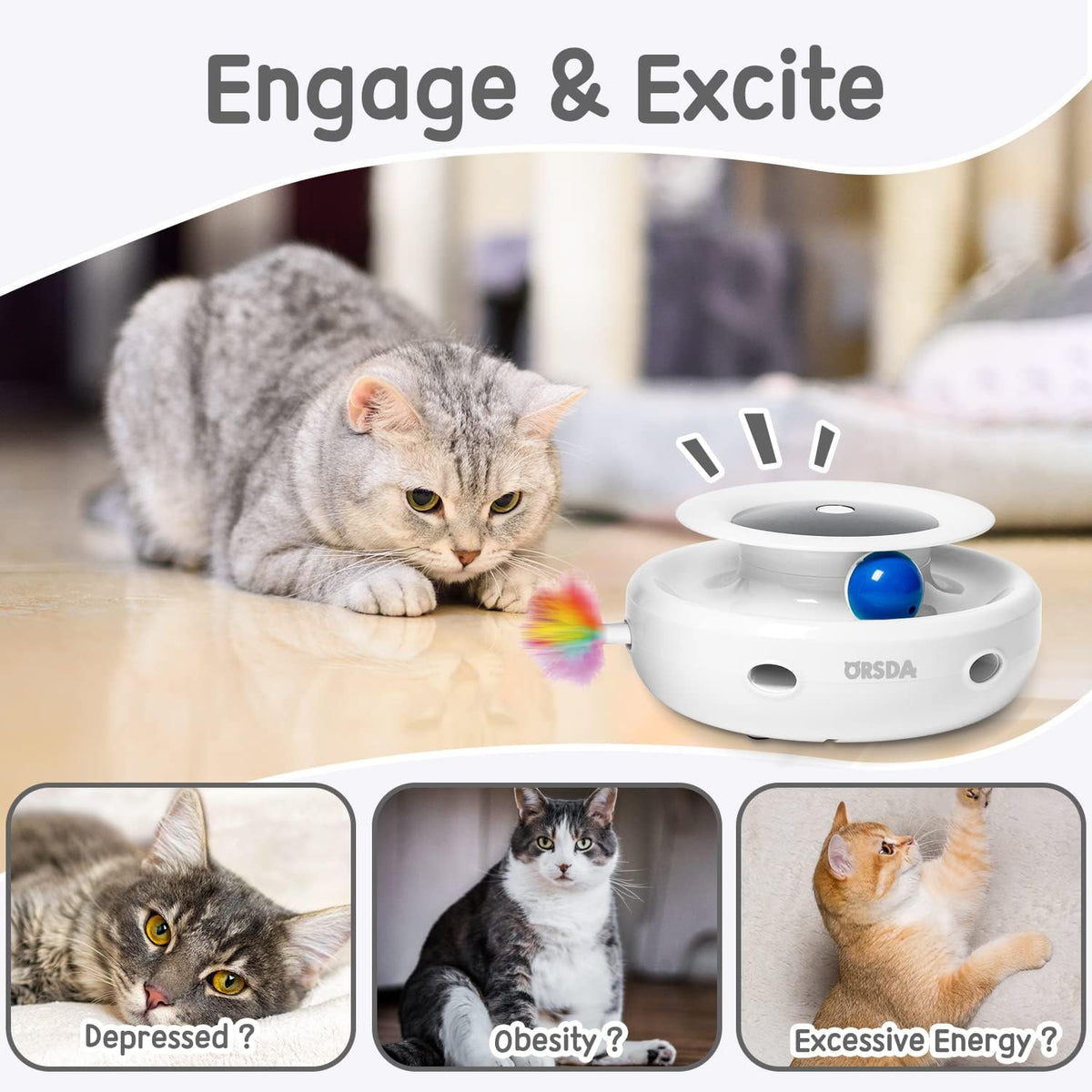 ORSDA automated kitten toy showcasing the multiple included replacement feather attachments