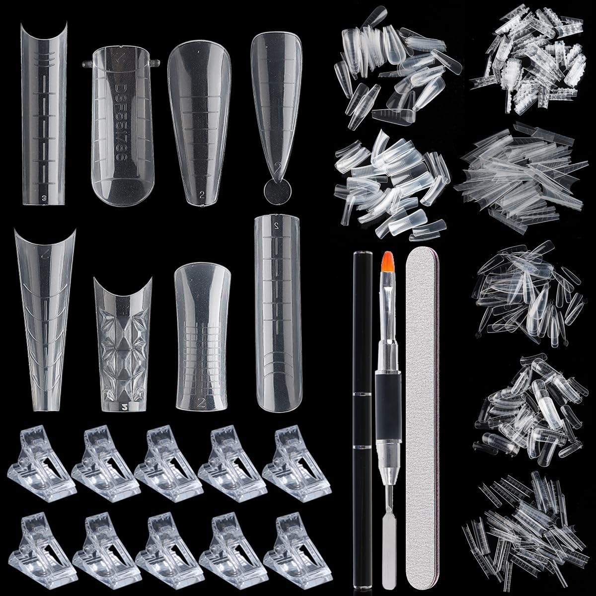 Dual Nail Form Kit, 480pcs Dual Forms for Polygel Stiletto Coffin Ballerina Extension Forms 10pcs Clear Clips With Gel Brush Pen Nails Files Buffer Nail Extension Kit for Beginner - Image 1