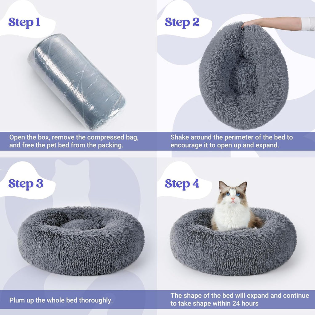rabbitgoo Calming Cat Beds for Indoor Cats, 20 inches, Dark Grey | Soft Warm Donut, Fluffy Faux Fur, Supportive Raised Rim, Anti-slip, Machine Washable, Up to 15lbs Kittens & Small Cats - Image 9