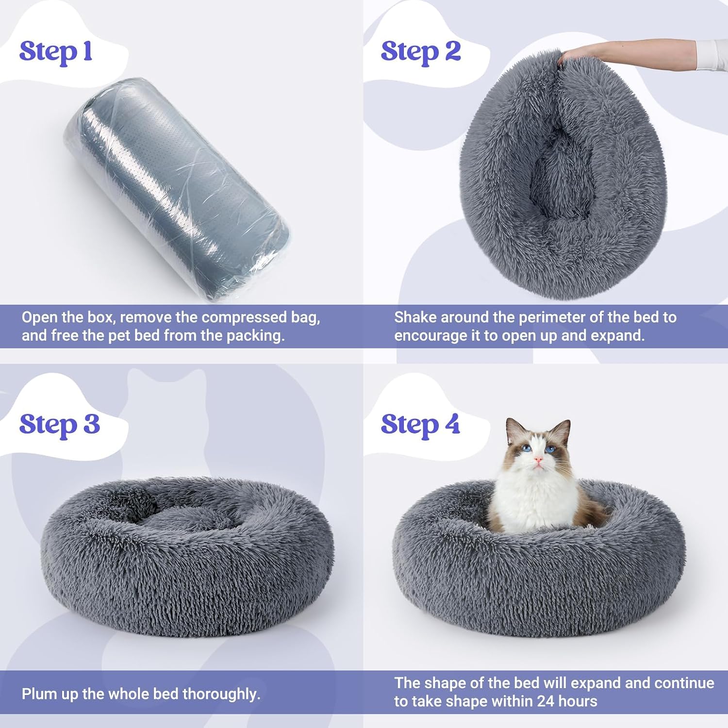 rabbitgoo Calming Cat Beds for Indoor Cats, 20 inches, Dark Grey | Soft Warm Donut, Fluffy Faux Fur, Supportive Raised Rim, Anti-slip, Machine Washable, Up to 15lbs Kittens & Small Cats - Image 9