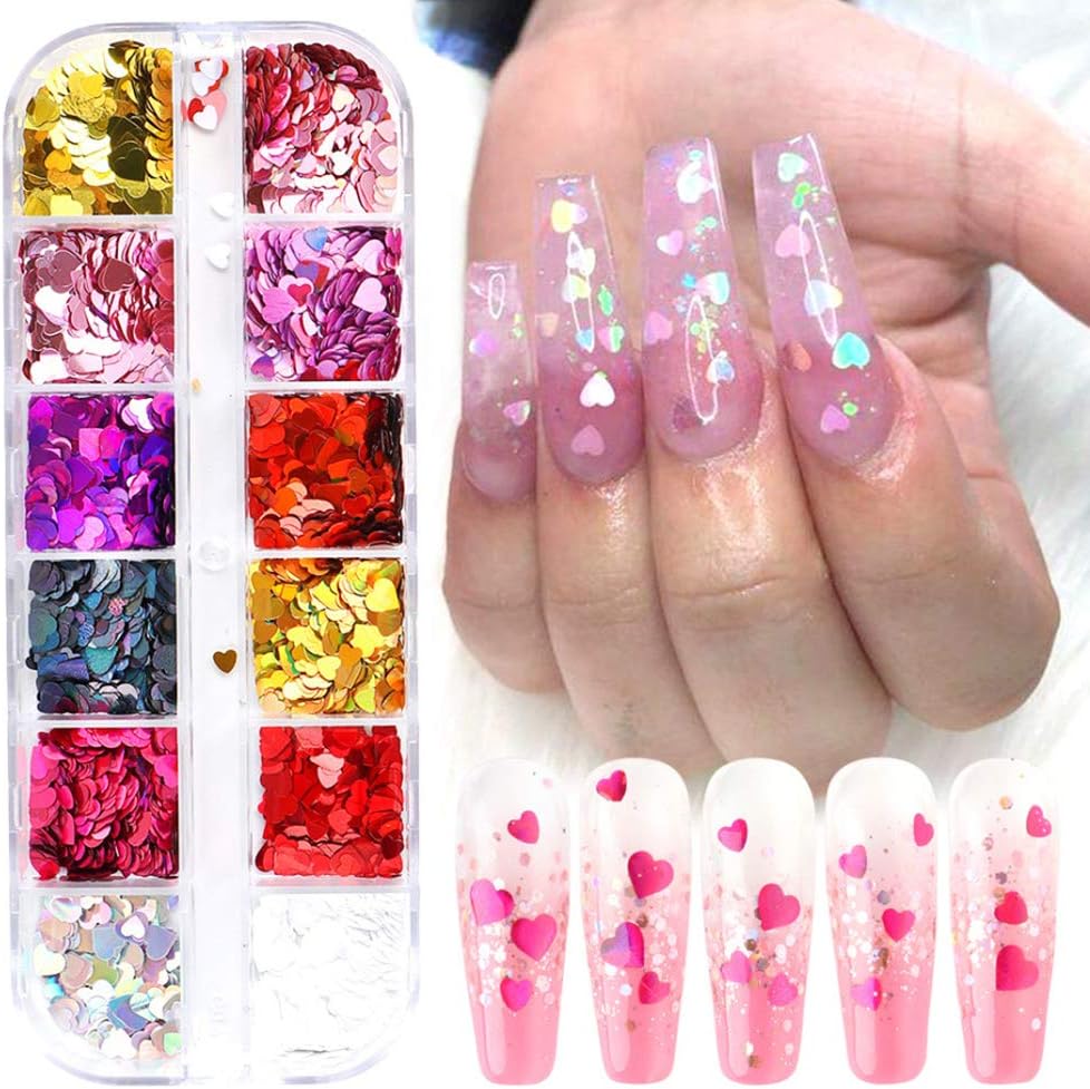 SeBeauty 3D Heart Nail Art Sequins front view 12 grid set