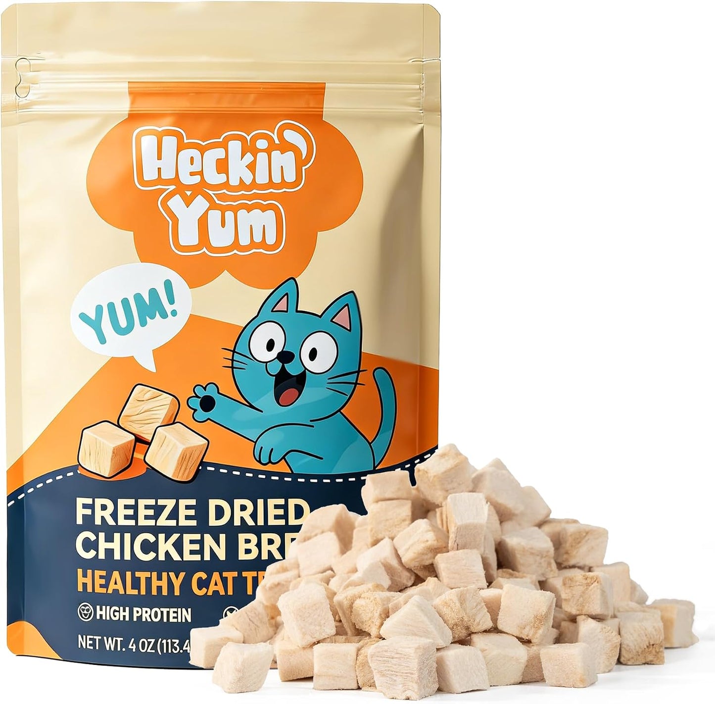 Heckin Yum Freeze Dried Chicken Cat Treats 4 Ounce front packaging view showcasing the cartoon cat mascot.