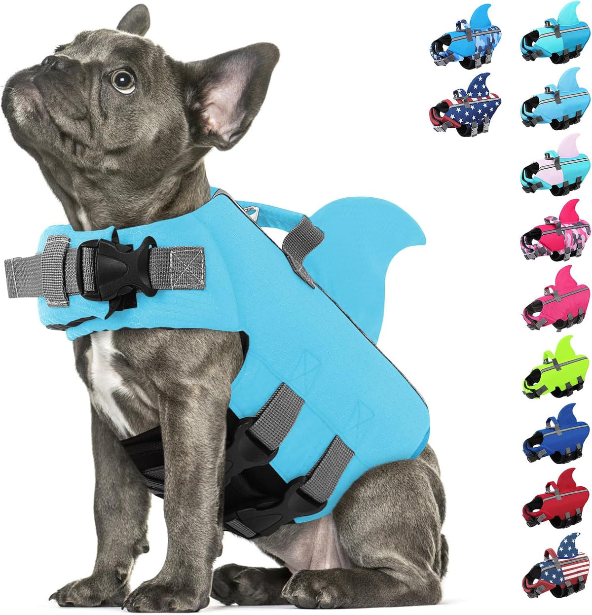 Sunfura dog life jacket front view blue shark vest for swimming safety.