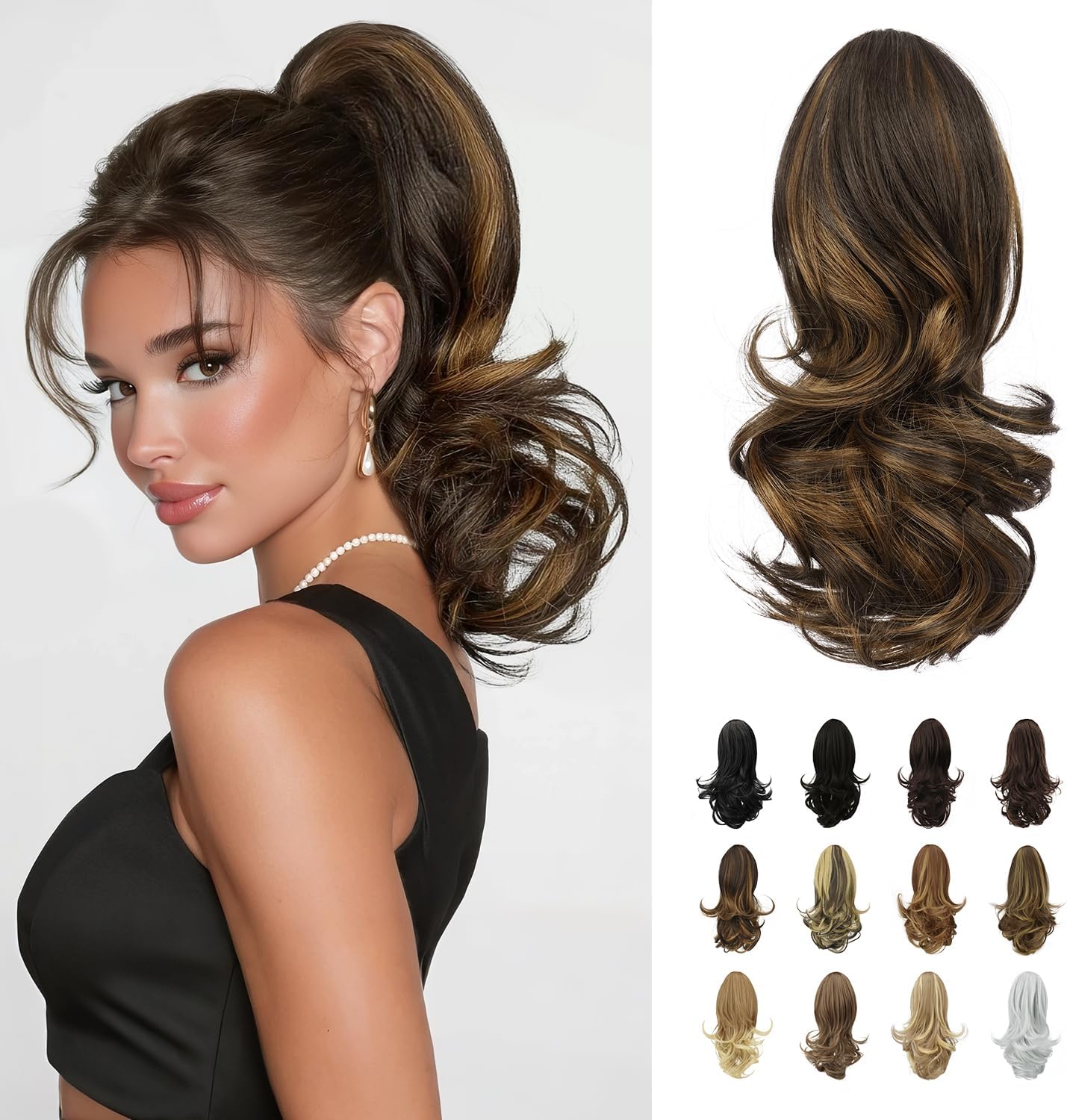 Sofeiyan 13 Inch Long Curly Ponytail Extension front view showing multi tonal dark brown and golden auburn synthetic waves