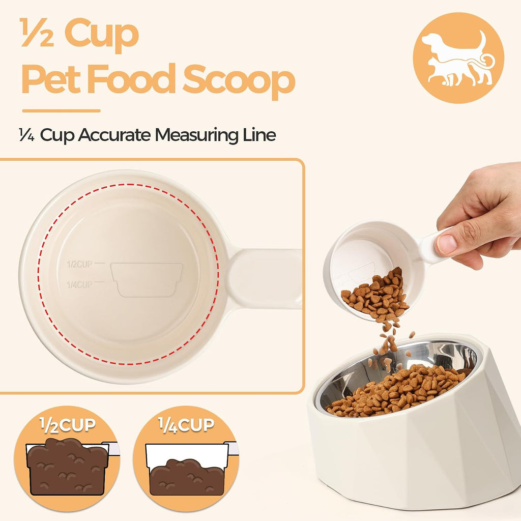 Food-grade pet food scoop showing capacity markings