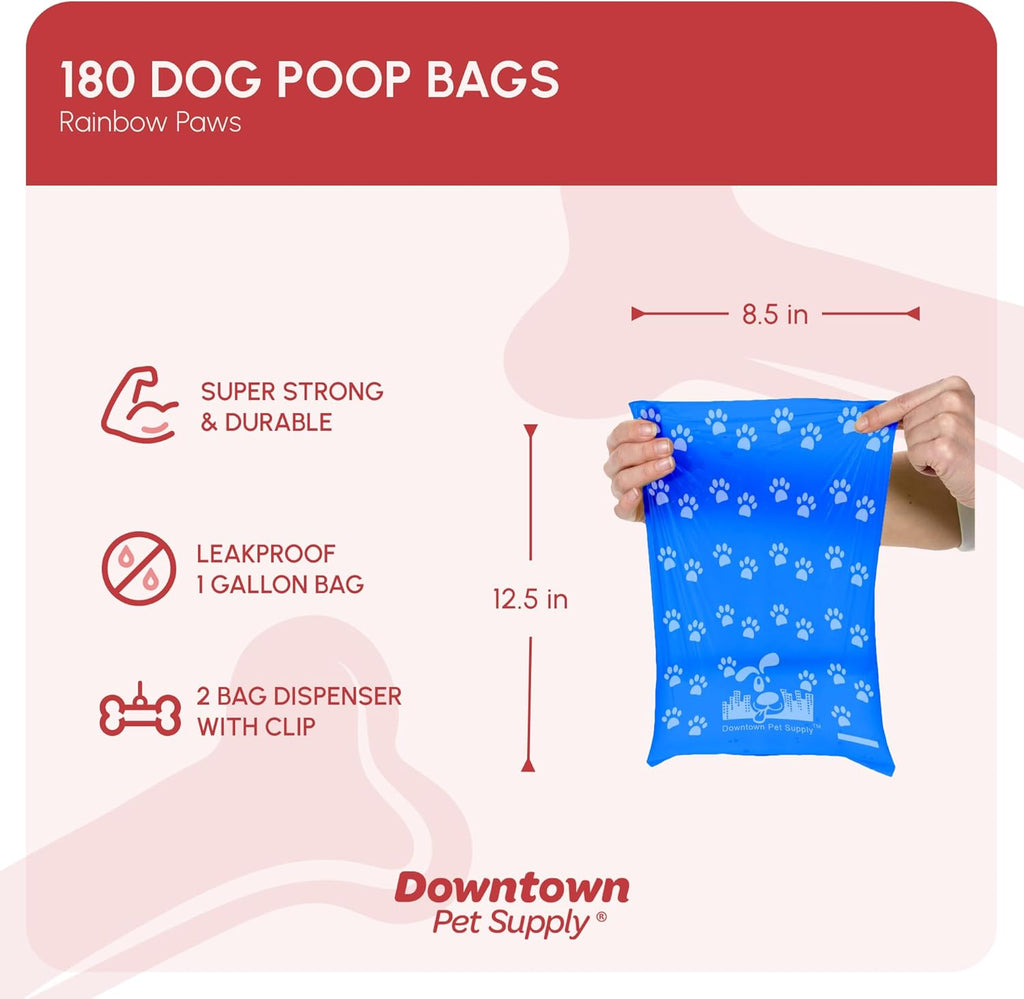 Rainbow paw print dog waste bags on a roll