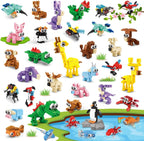 INSOON 30 packs animal party favors front view showing various assembled mini building block figures.