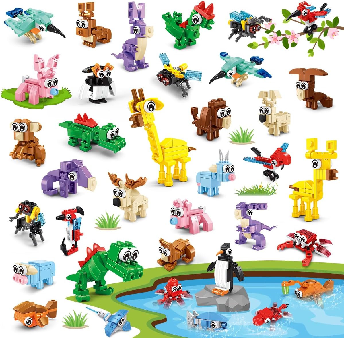INSOON 30 packs animal party favors front view showing various assembled mini building block figures.