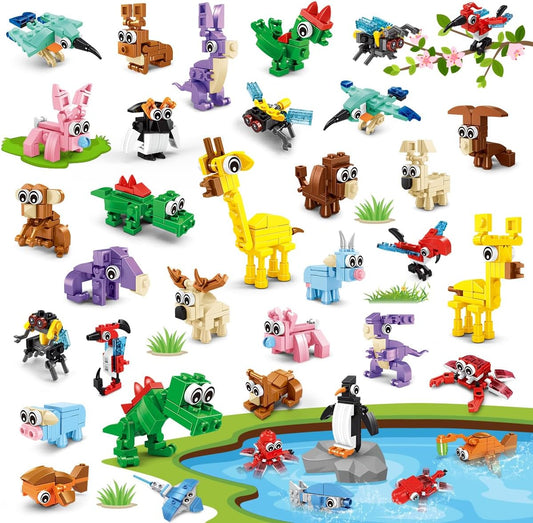 INSOON 30 packs animal party favors front view showing various assembled mini building block figures.