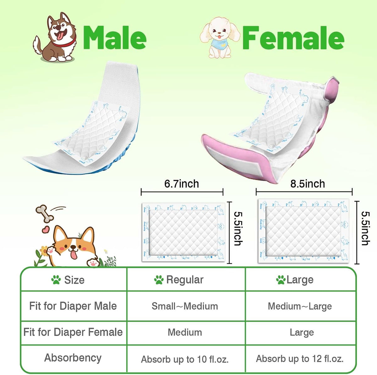 Regular size xfire dog diaper booster pads positioned next to a measurement guide