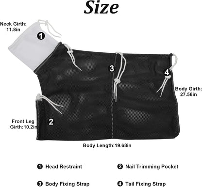 Adjustable grooming bag with secure drawstrings isolating a cat paw for safe claw trimming.