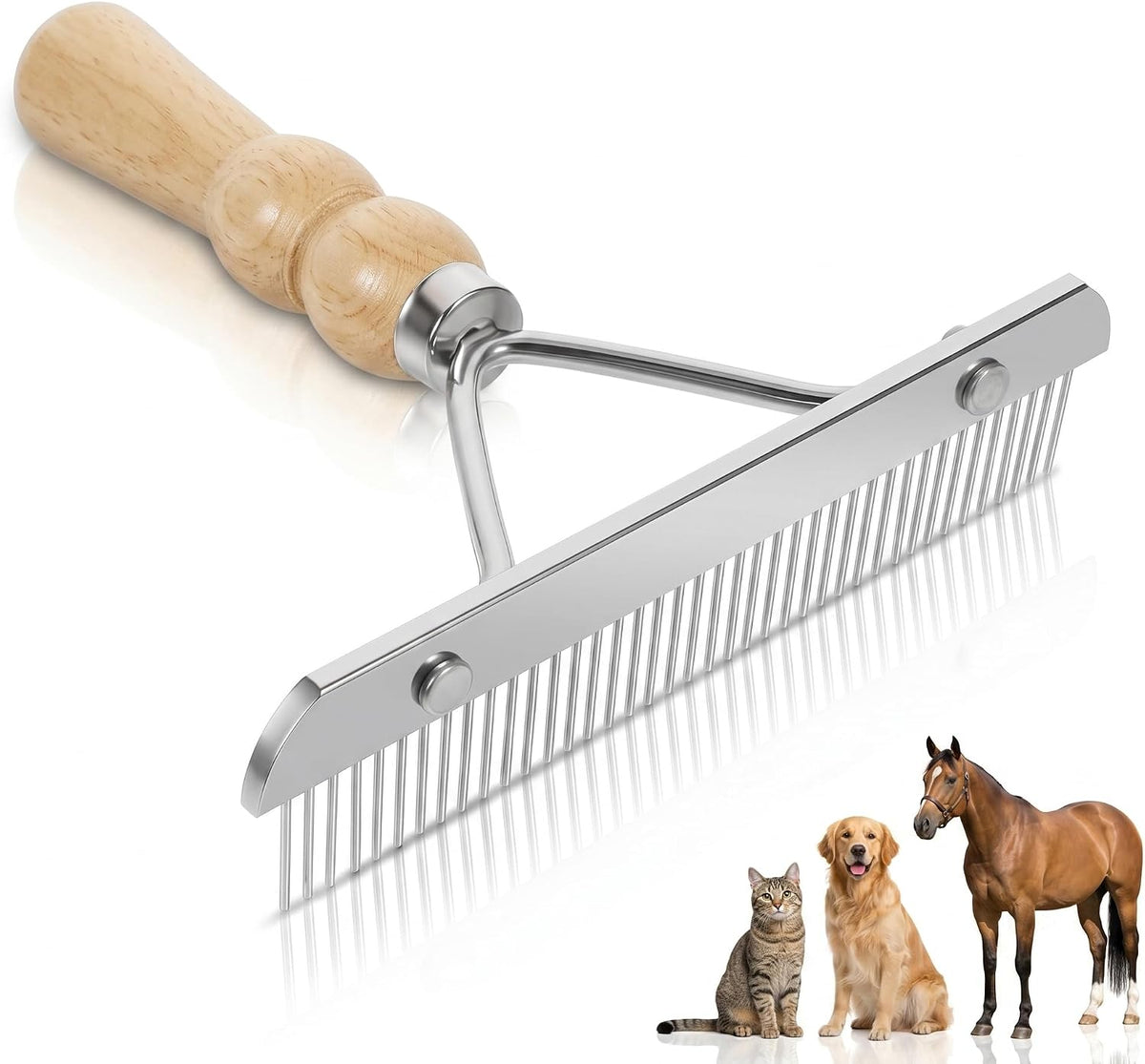 POPETPOP horse grooming tool front view with wooden handle