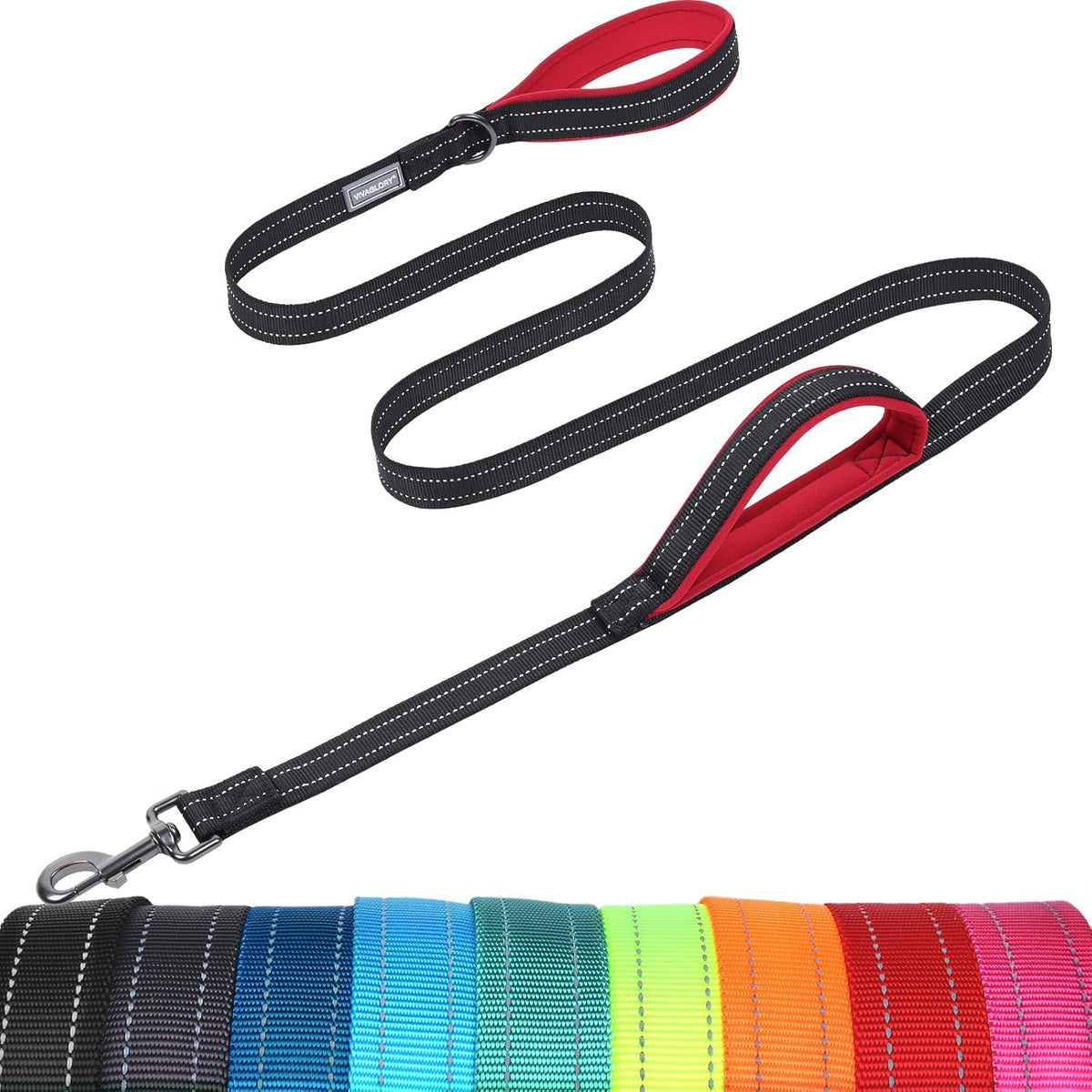 Vivaglory Twingrip Double Handle Dog Leash front view showing the dual neoprene padded loops and black nylon webbing.