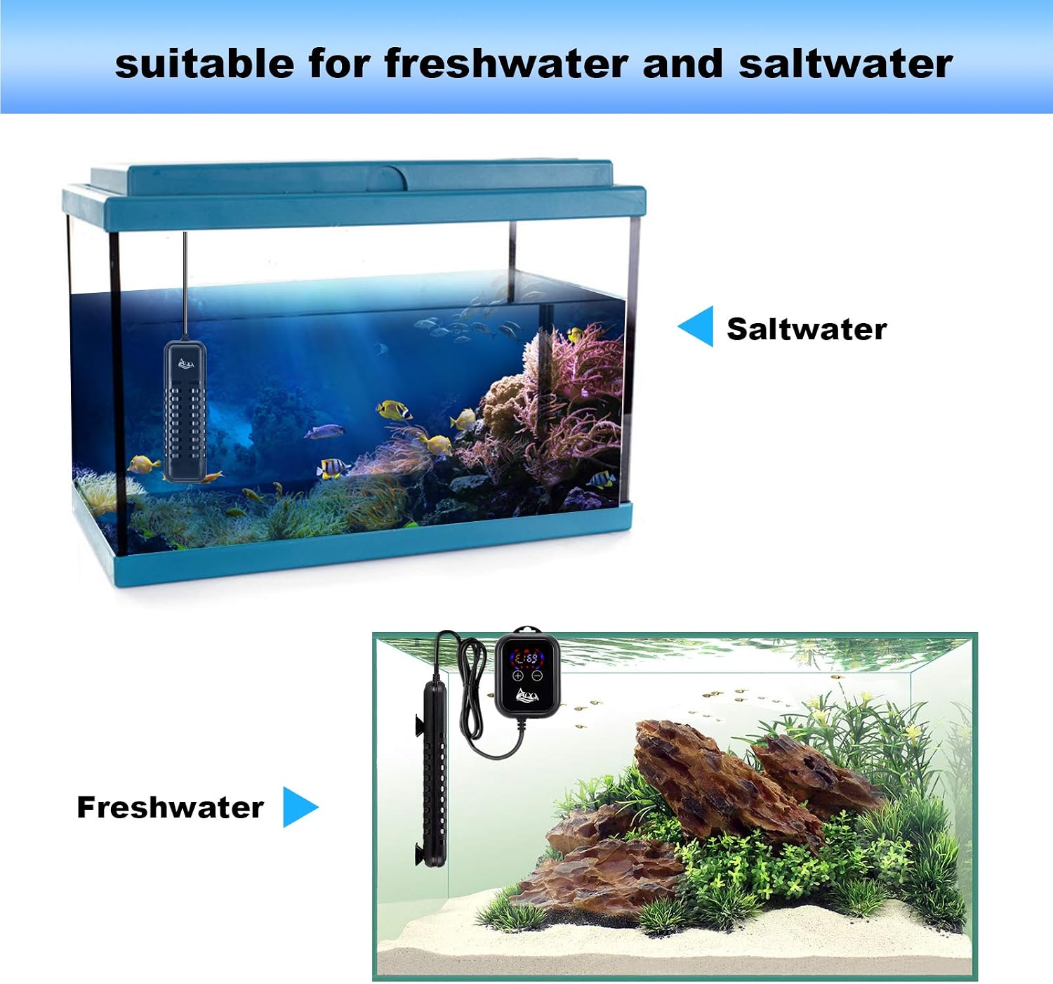 AQQA submersible heater submerged in a clear glass fish tank