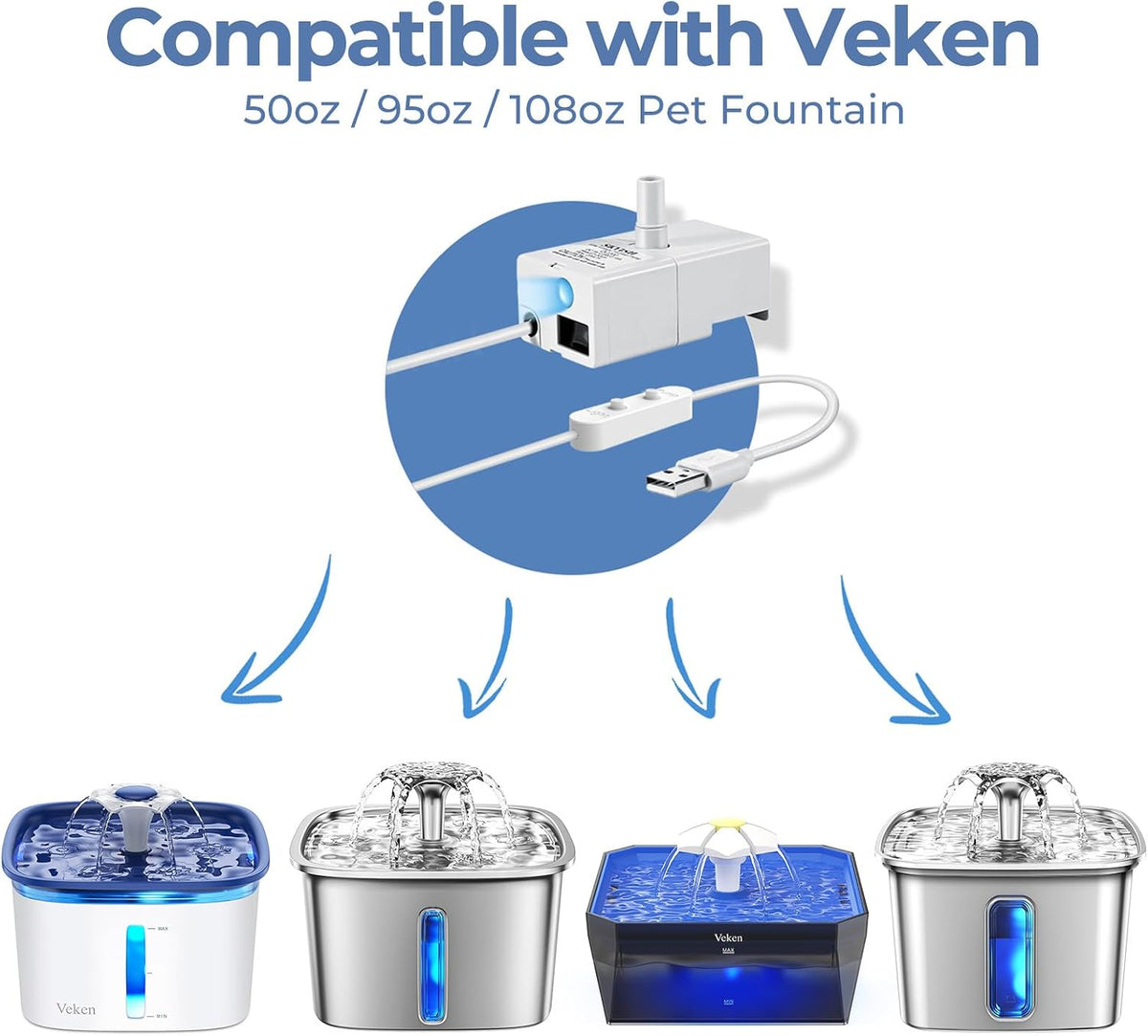 Veken pet water fountain pump with USB cable