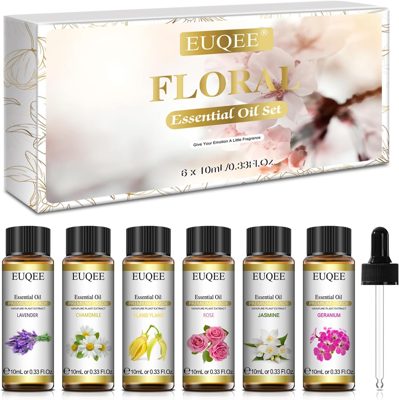 EUQEE Floral Essential Oils Set 6 Pack front view of amber bottles and gift box
