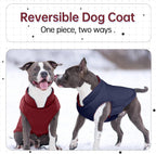 Lelepet winter dog jacket showing the dark blue reversible interior side