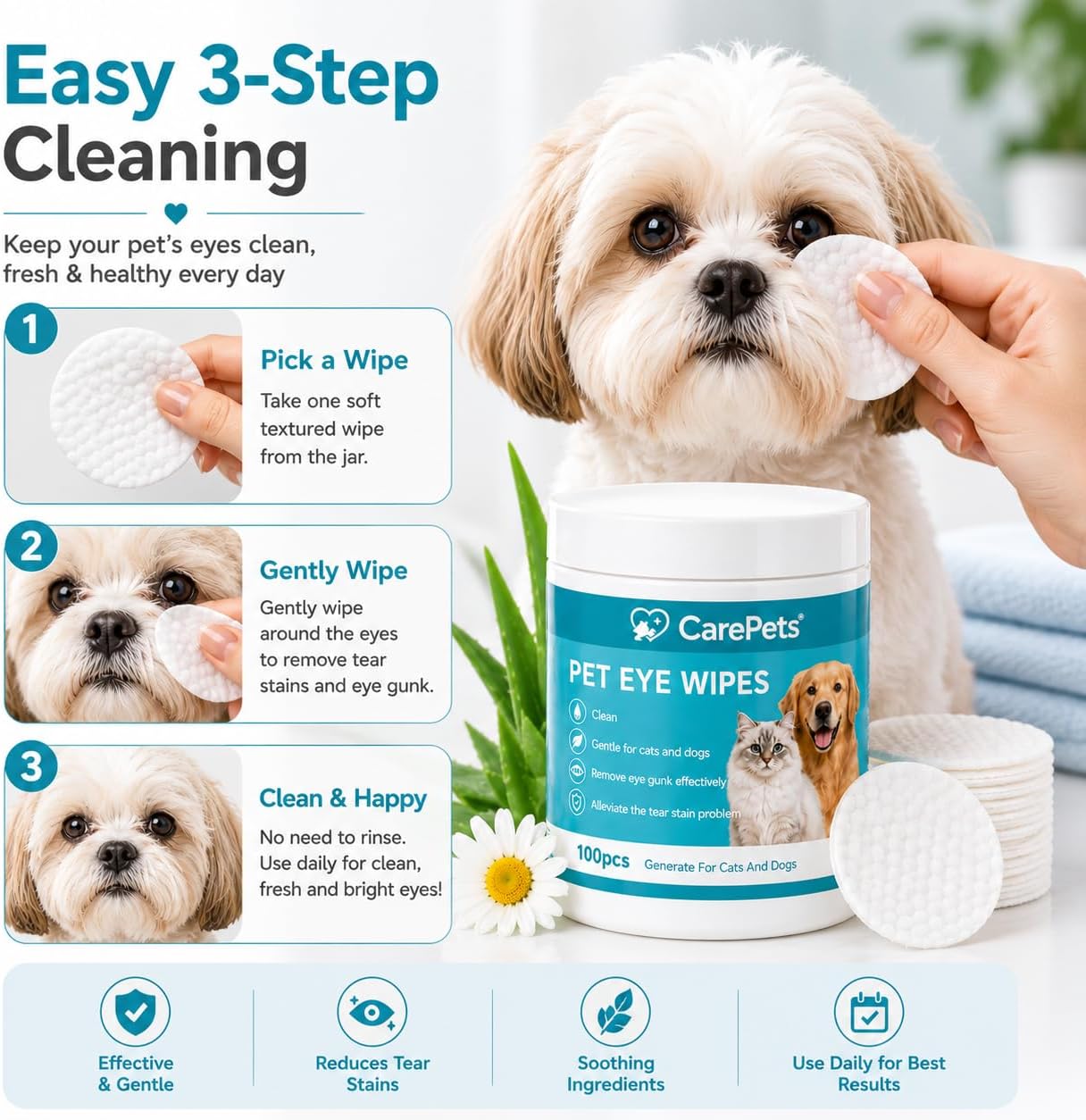 Daily grooming eye wipes for dogs and cats to eliminate tear stains naturally.