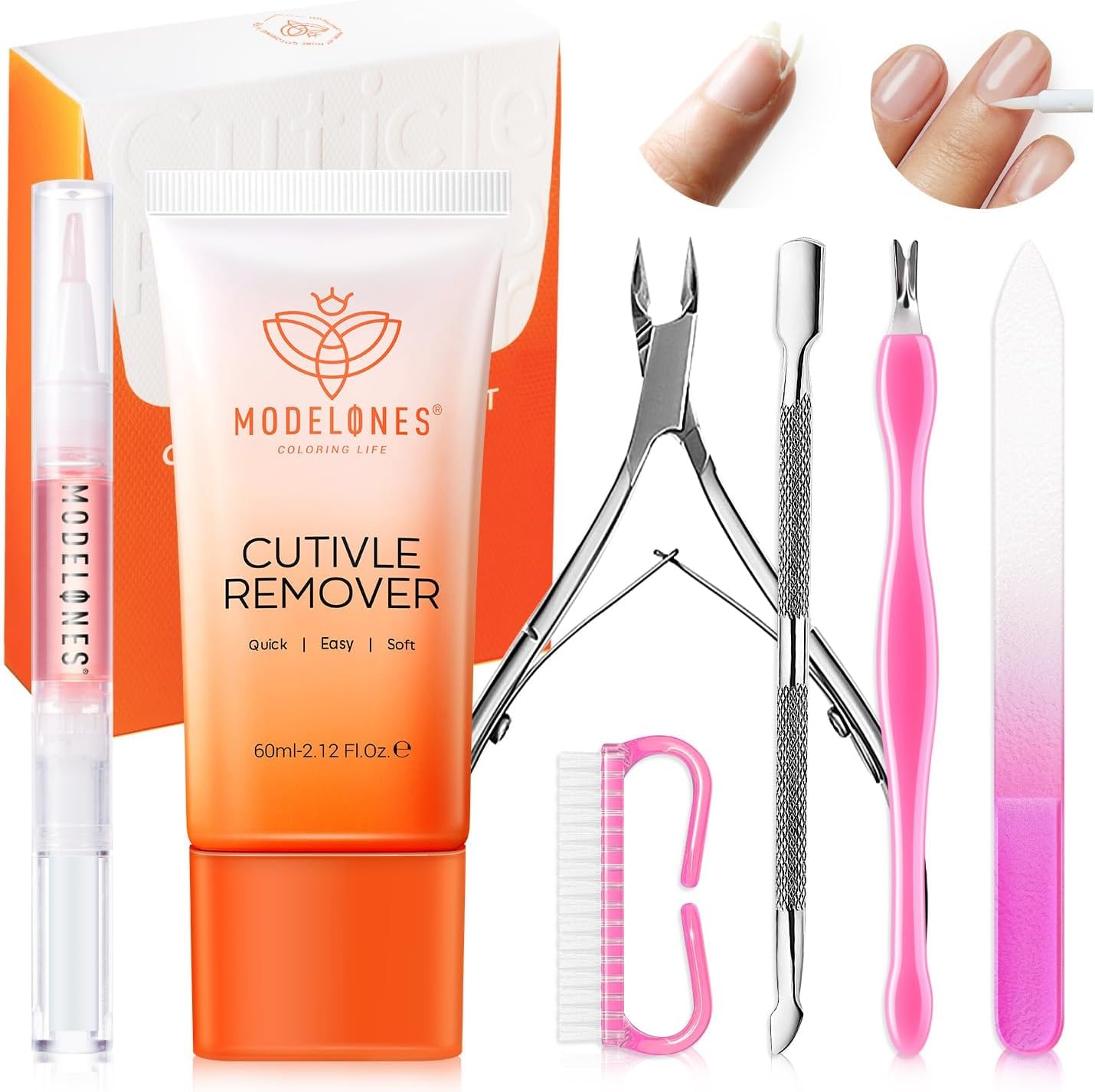 Modelones Cuticle Remover Kit front view with cream and tools