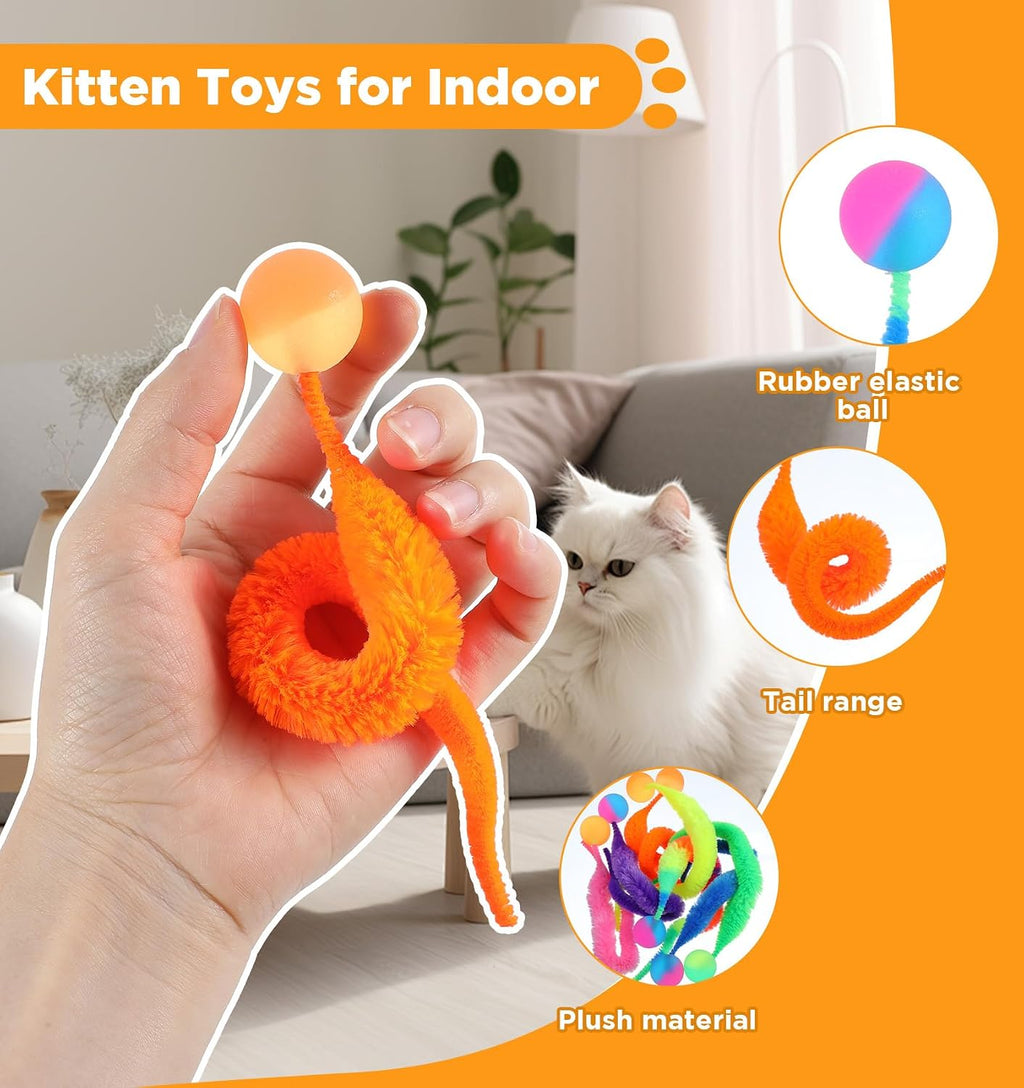 Full set of 7 Classicseali cat toy balls with fuzzy tails displayed