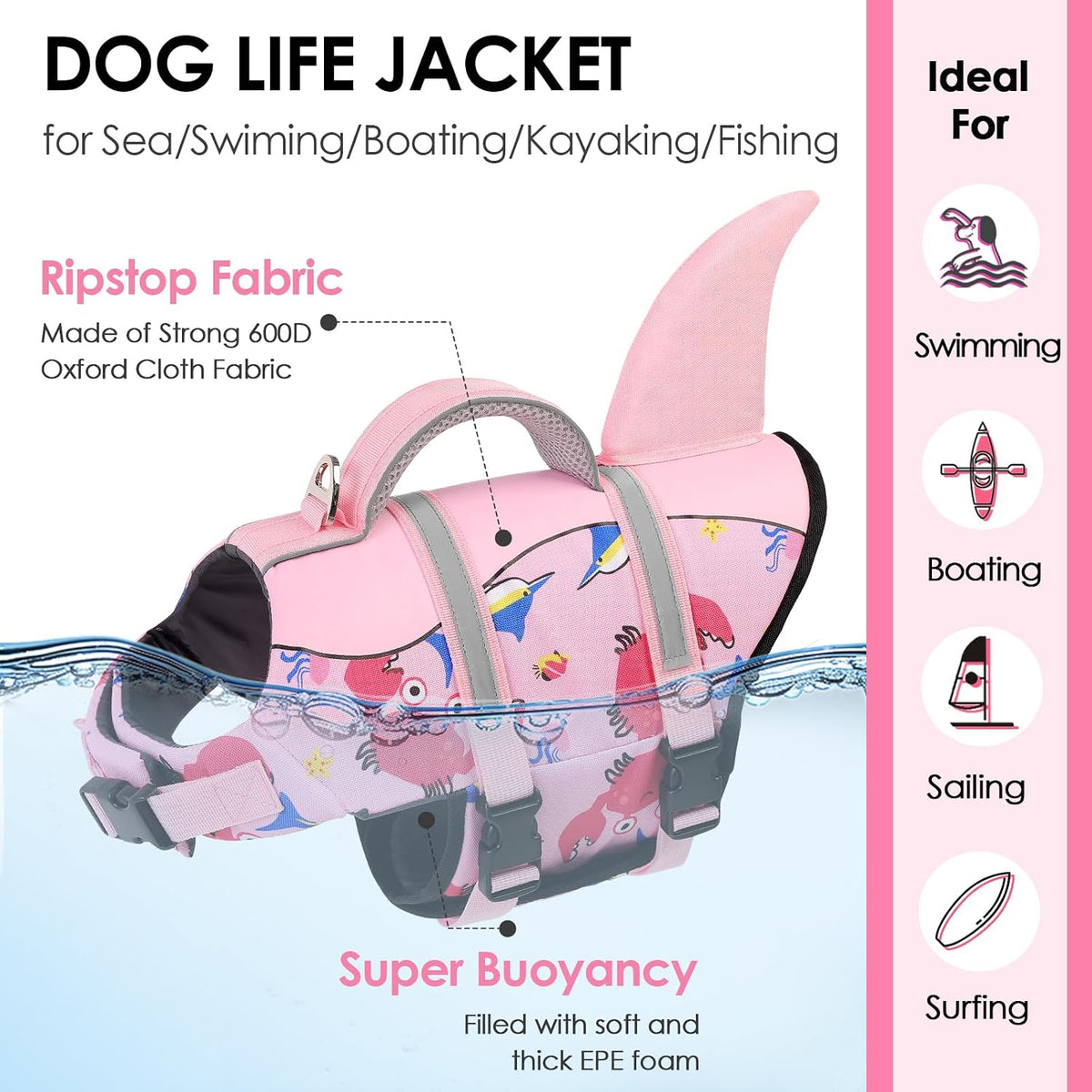 High buoyancy dog float coat showing reflective safety stripes
