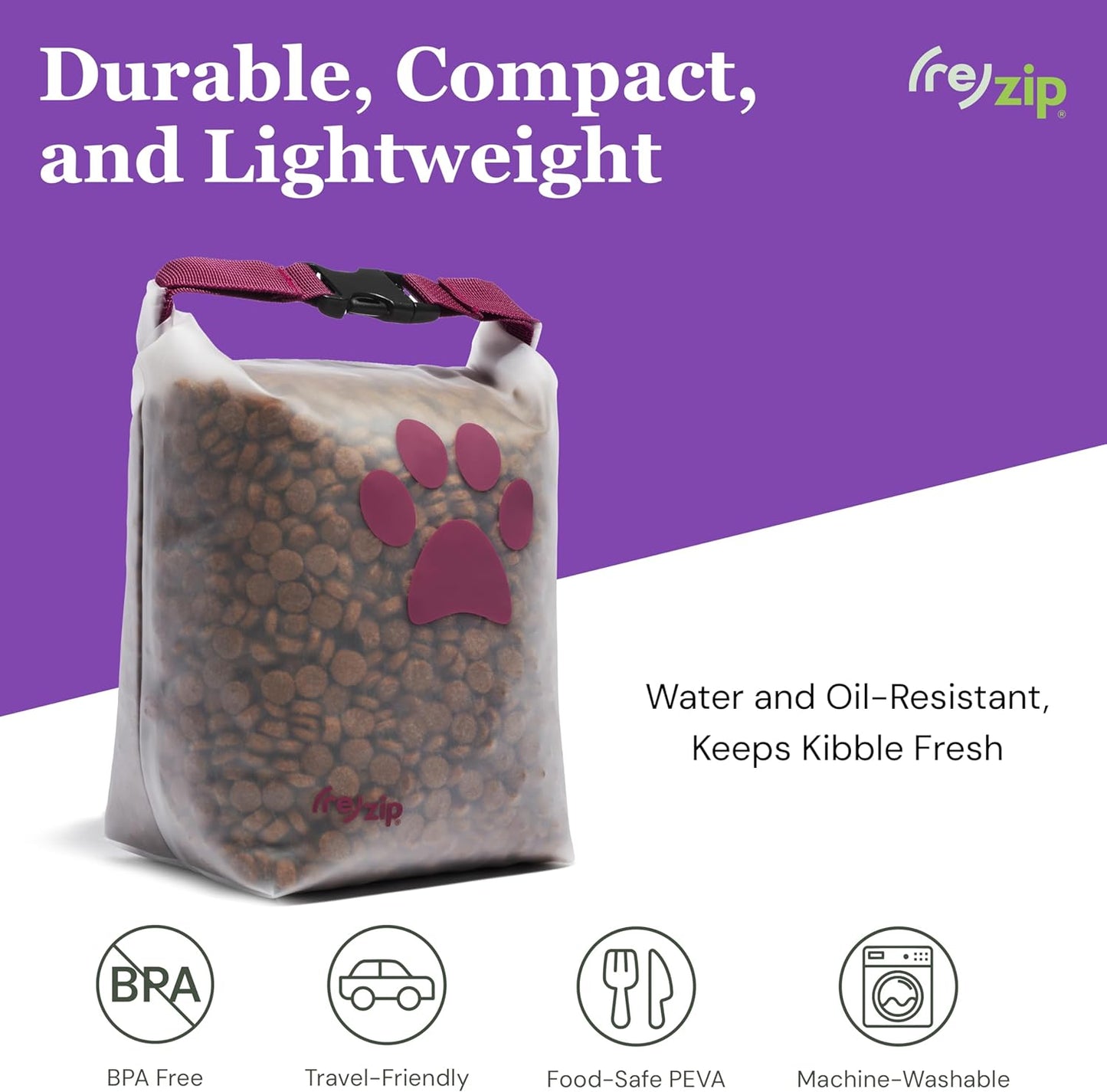 Compressed Rezip food storage bag for travel