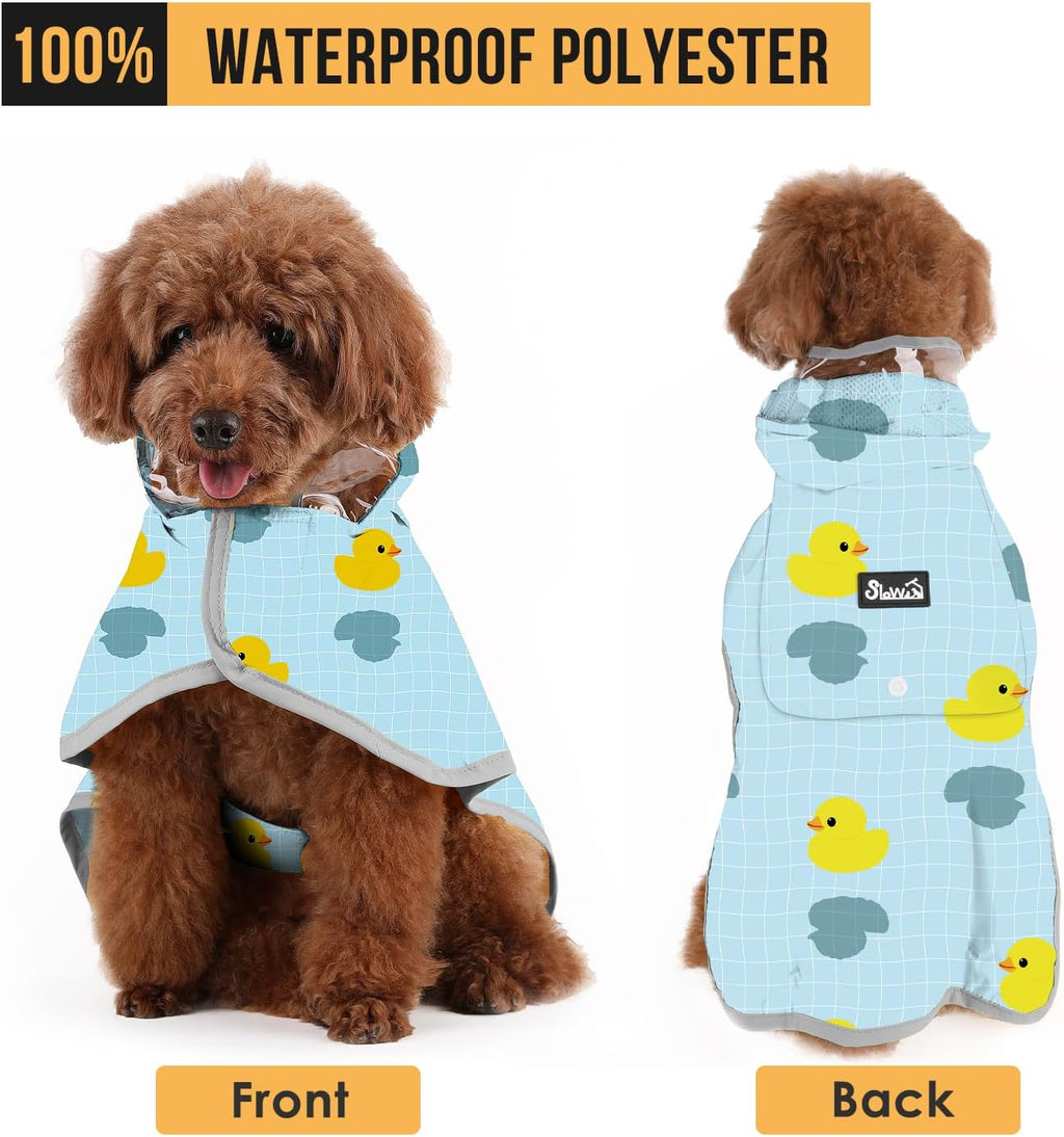 Adjustable belly and neck straps on a blue grid dog raincoat.