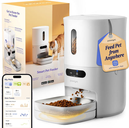 Pawsync automatic cat feeder front view showcasing stainless steel bowl