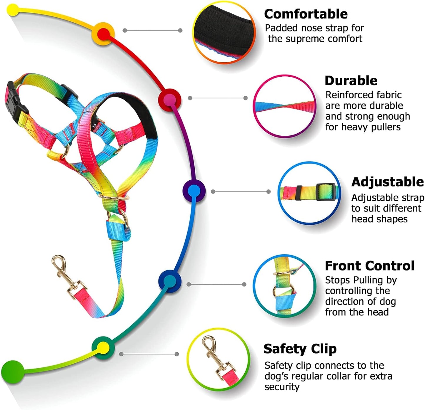 Side view of Barkless rainbow dog training collar on leash