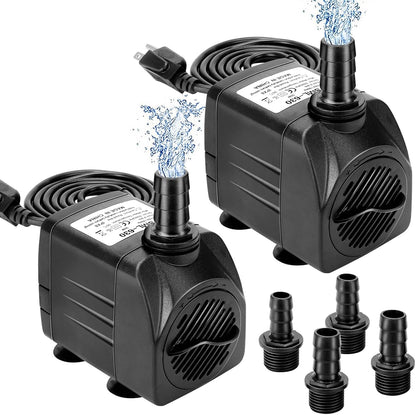 GROWNEER submersible fountain water pump dual pack front view highlighting the black compact outer shell and suction feet.