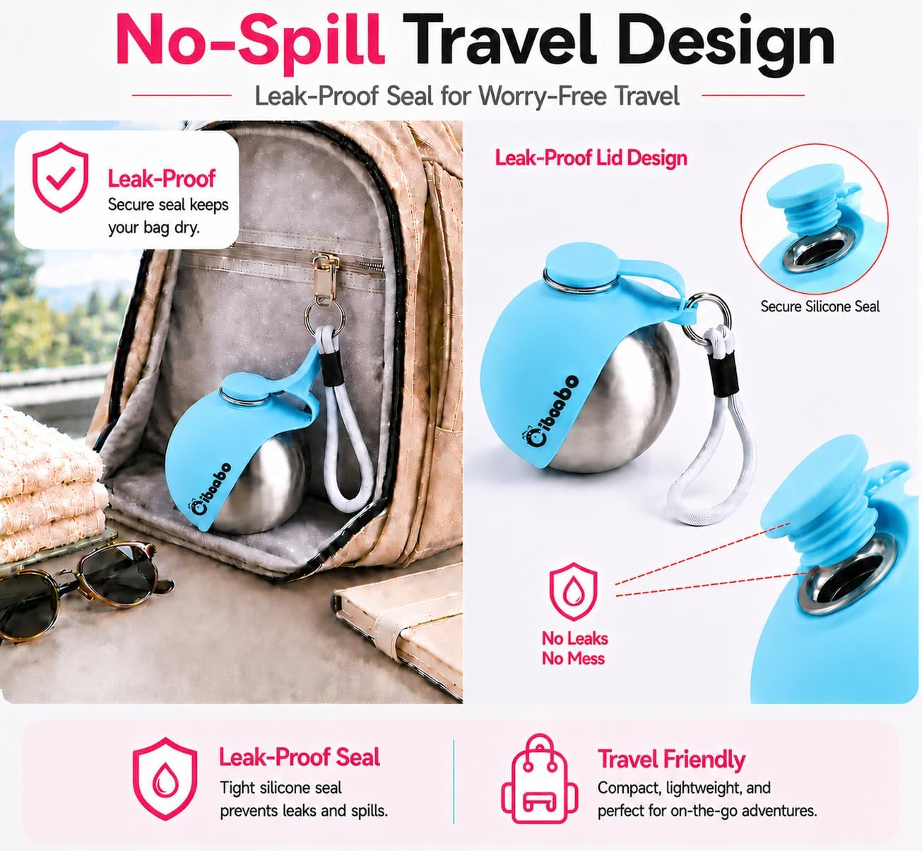 Cibaabo ten ounce small dog water bottle fitting securely inside a standard car cup holder during a road trip.