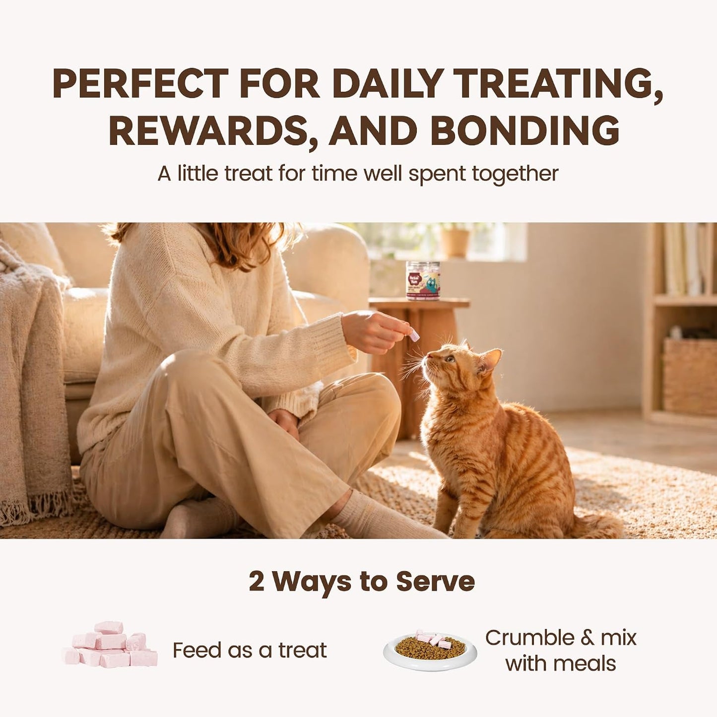 Natural raw freeze dried cat treats with goat milk ingredient display.
