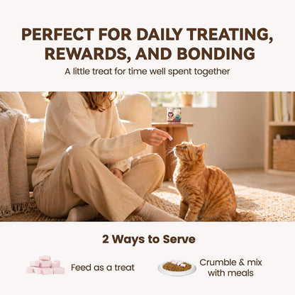 Natural raw freeze dried cat treats with goat milk ingredient display.
