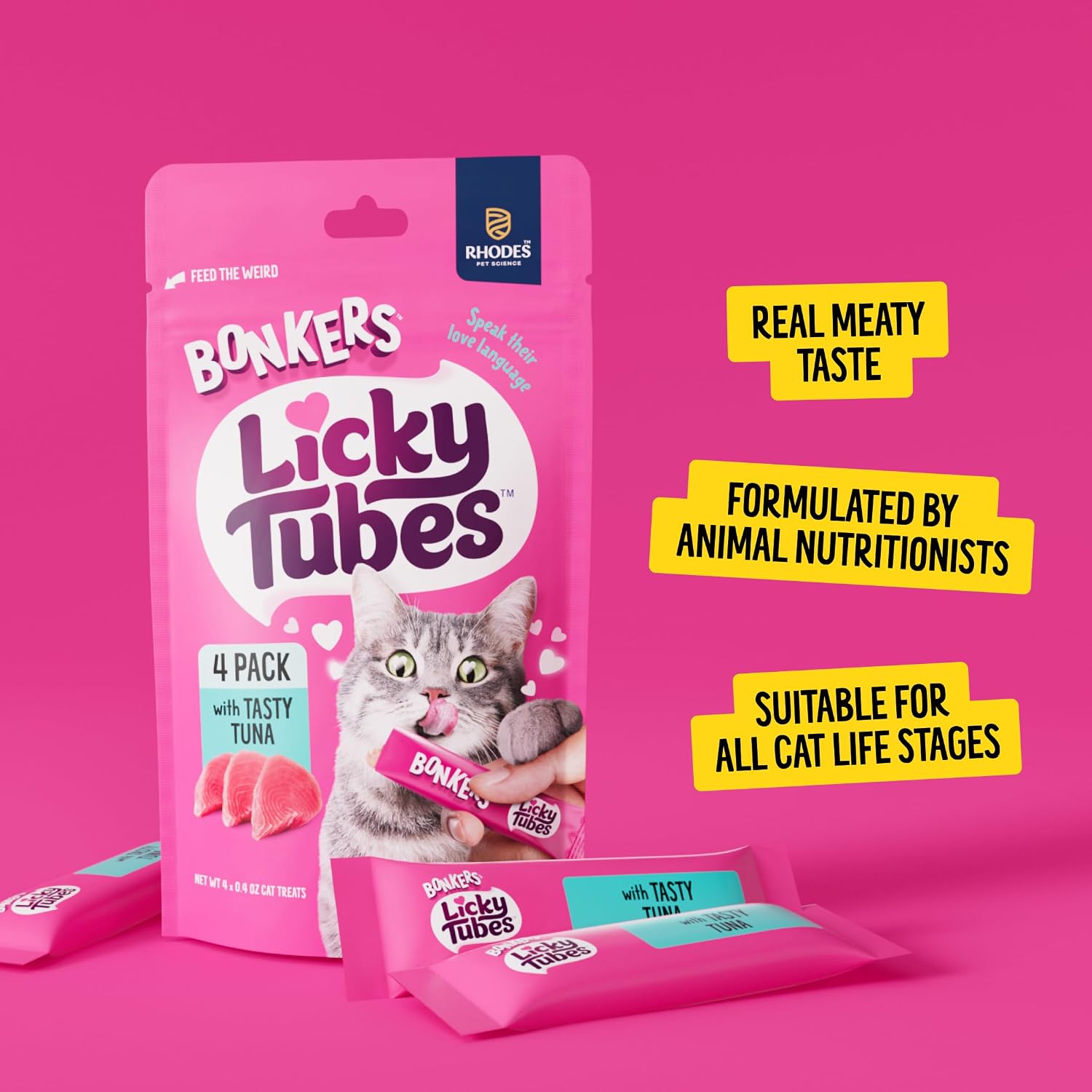Close up of Bonkers tuna flavor cat treat packaging