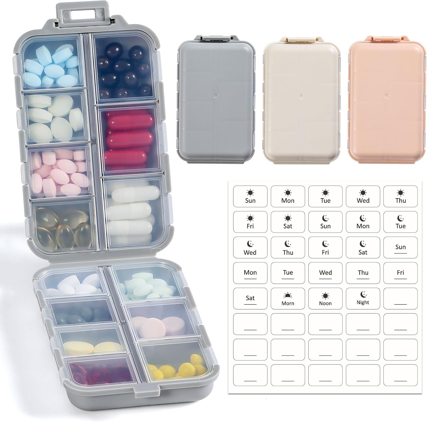 LANDNEOO 14 Grids Travel Pill Organizer Box front view showing khaki, pink, and grey containers.