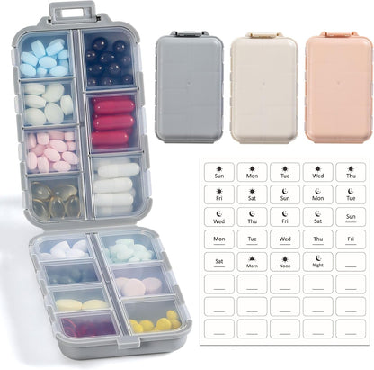 LANDNEOO 14 Grids Travel Pill Organizer Box front view showing khaki, pink, and grey containers.