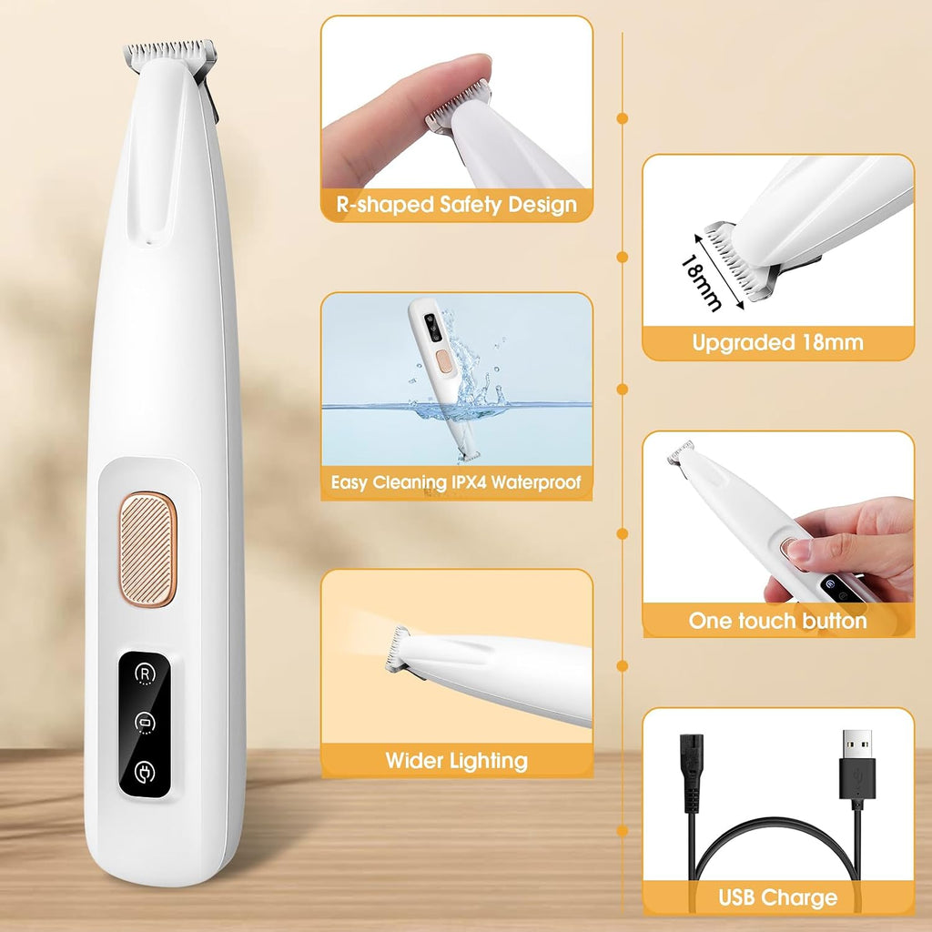 Safe pet hair trimmer being angled at forty five degrees on dog paws