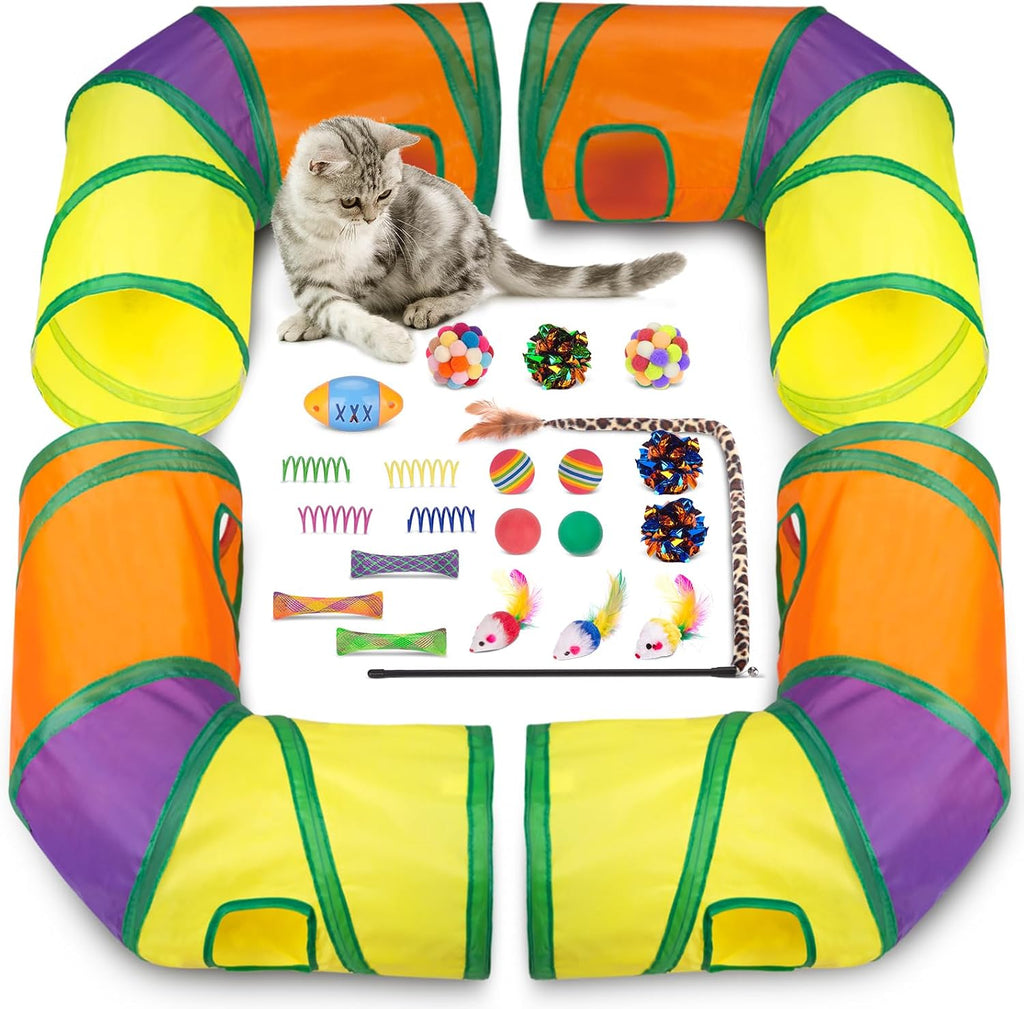 Retro Shaw interactive cat toy set with hand holding the feather wand over the rainbow play tube.