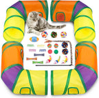 Retro Shaw interactive cat toy set with hand holding the feather wand over the rainbow play tube.