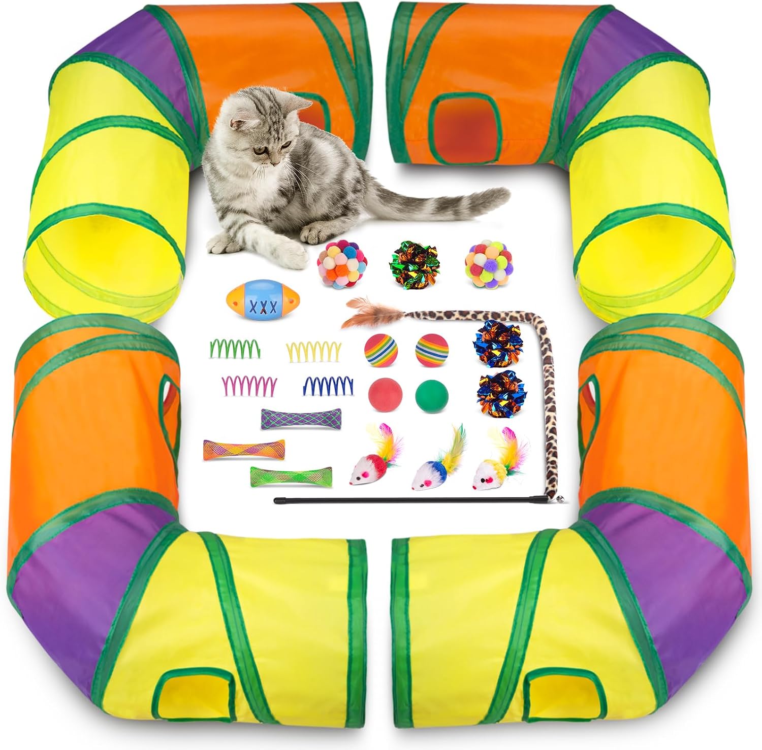 Retro Shaw interactive cat toy set with hand holding the feather wand over the rainbow play tube.