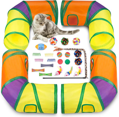 Retro Shaw interactive cat toy set with hand holding the feather wand over the rainbow play tube.