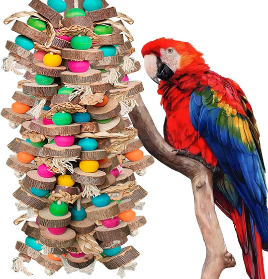 WQY GroceryShop parrot chewing toy front view hanging inside a large bird cage