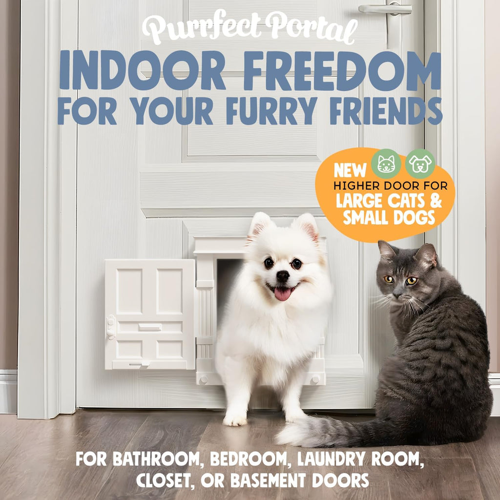 A happy small dog and a tall cat posing next to the installed Purrfect Portal white and gold pet door.