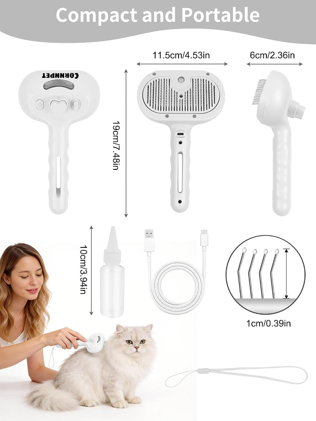 Full packaging contents showing the rechargeable pet grooming brush, Type-C cable, and storage rope.